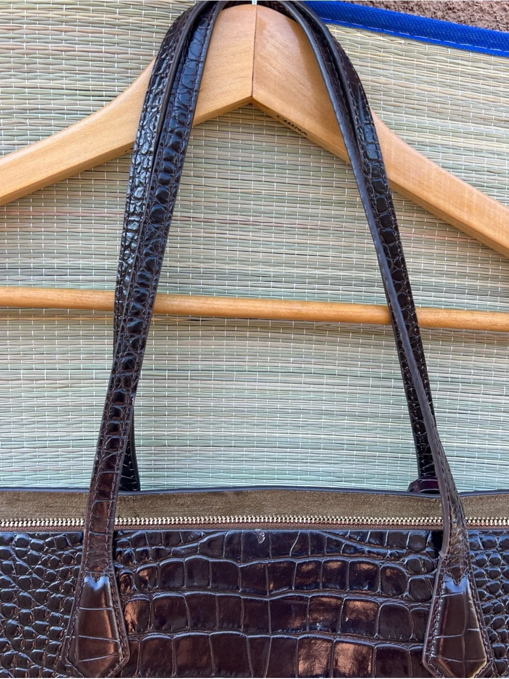 Tory Burch Perry Croc Embossed Three Compartment Tote Bag Leather Brown